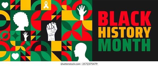 Black history month colorful lettering typography with geometric shape pattern background. Black history month background 2025. Celebrated February in united state and Canada.