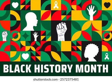 Black history month colorful lettering typography with geometric shape pattern background. Black history month background 2025. Celebrated February in united state and Canada.