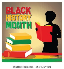 Black History Month conce. Men reading among stack of books about significant African American people who made important contributions to all the world in different fields. 