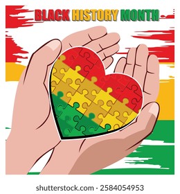 Black History Month concept. Hands holding a heart shaped puzzle in red, yellow, and green colors symbolizing unity. Flat vector modern illustration 