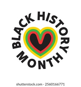 Black History Month concept with a heart icon decorated African flag color red, green, yellow. Black history month logo, badge, sticker, label. Celebrated In February in United States and Canada.