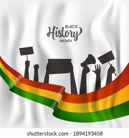 Black History Month Concept With Silhouette People Hands Protesting For Their Rights On White Silk Background.
