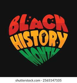 Black History Month creative concept on a heart shape with a fist hand icon to celebrate African American Black power love. Logotype label, sticker for banner, poster, greeting card and print.