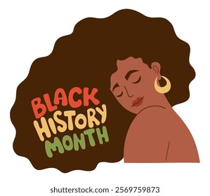 Black History Month. Cute African American woman with long hair and lettering in flag colors. Flat Vector illustration. Annual holiday in February in USA, Canada October in UK