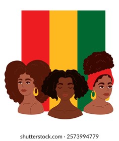 Black History Month. Cute diversity African American women with red, yellow, green flag. Vector illustration. Holiday in February in USA, Canada October in UK. Flat festive character girl