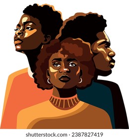 Mes de historia negra, personas de piel oscura se unen levantando orgullosamente sus cabezas. Ilustración vectorial 2D aislada en un fondo blanco. Retrato afroamericano de estilo moderno