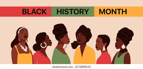 Black history month design background. African American freedom people banner. Woman poster label holiday concept template. Vector illustration poster