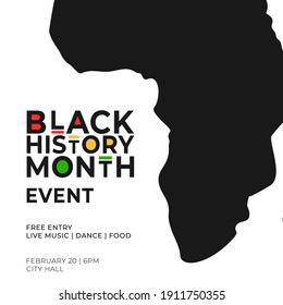 Black History Month Event poster template with African map continent silhouette icon. Vector illustration for national holiday banner or card. Annual celebration in february in USA