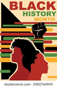 Black history month event. Profile silhouettes people African and African American. Ethnic group black man and woman. Raised fist.Racial equality - justice - identity - anti-racism.Poster