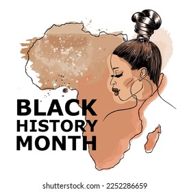 Black history month with face of black woman. Watercolor texture. Silhouette of Africa continent. Vector illustration. Freedom concept. Beautiful girl.