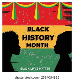 Black History Month featuring vibrant red, yellow, and green hues with silhouettes. Highlights diversity, heritage, and unity while promoting awareness and respect for Black culture and history. 