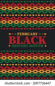 Black History Month in February. African American Culture and History. Celebrated annual in United States and Canada. In October in Great Britain. Vector poster, tradition ornament illustration