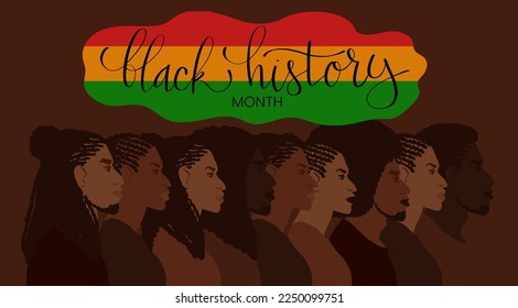 Black History month February banner with handwritten brush lettering and group of african american people. Vector hand drawn art