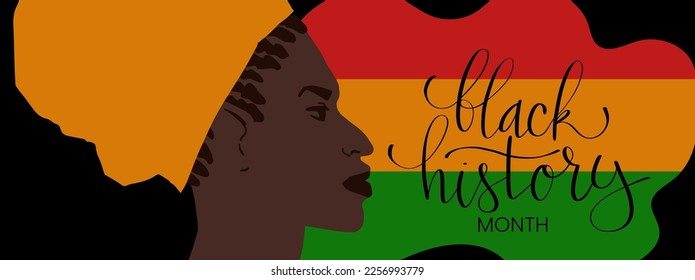 Black History month February banner with handwritten brush lettering and african american woman portrait. Vector hand drawn art