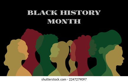 Black history month. February celebration. Freedom month banner. Silhouettes of african american persons in profile. African men and women. June 19 holiday. Vector poster illustration.