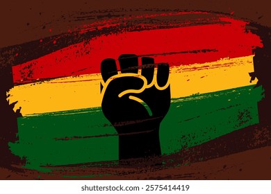 Black History Month Flag illustration with a raised fist sign. African-American History Month poster in red, yellow, and green colors dedicated to achievements by African Americans. Cartoon vector emb