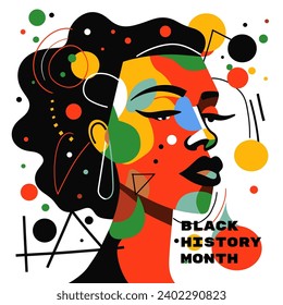 Black History Month graphic square banner. African American rights and culture celebrating. Modern creative placard with abstract person of color. Africa woman in afro flag colors art vector design