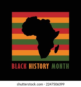 Black History Month greeting card, social media post with Africa continent silhouette on African colors striped background. African American heritage holiday. Vector illustration dark poster design