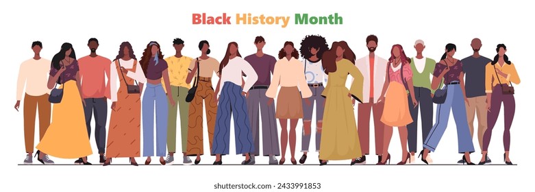 Black history month. A group of young, modern African Americans in casual clothing stand side by side to celebrate the achievements and history of African Americans as part of Black History Month.