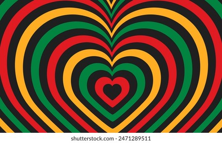 Black History Month heart shape Groovy Y2K background. Tunnel of Concentric shiny hearts. Vector illustration. Trendy twisted and distorted texture in retro 2000s style