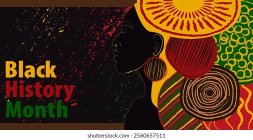 Black History Month holiday banner, wallpaper, web card. Art design cover celebration print with African continent flag