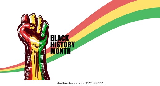 Black History Montag horizontaler Banner mit Protest erhoben fist gefärbt in afrikanischer Flagge einzeln auf weißem Hintergrund. Horizontales Poster aus der schwarzen Geschichte, Flyer mit schwarzer Faust