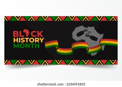 Banner horizontal del mes de la historia negra con la cinta de las esposas rotas y diseño de ilustraciones de mapas de áfrica