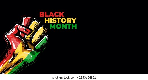 Black history month horizontal banner with protest raised fist colored in African flag isolated on black background. Vector Black history month horizontal poster, flyer with black mans fist