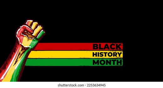 Black history month horizontal banner with protest raised fist colored in African flag isolated on black background. Vector Black history month horizontal poster, flyer with black mans fist