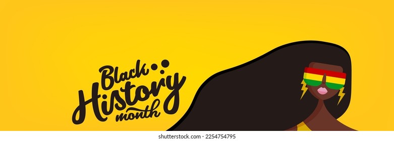 Black history month horizontal banner with afro American woman with long hair isolated on orange background. Vector Black history month poster, flyer, background with pretty african young model