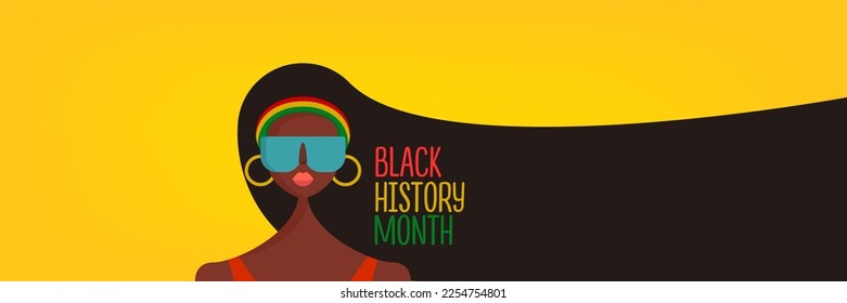 Black history month horizontal banner with afro American woman with long hair isolated on orange background. Vector Black history month poster, flyer, background with pretty african young model
