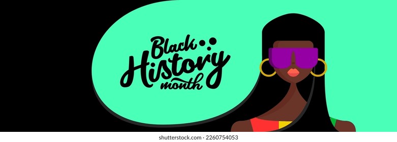 Black history month horizontal banner with afro American woman with long hair isolated on green background. Vector Black history month poster, flyer, background with pretty african young model