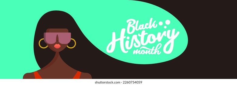 Black history month horizontal banner with afro American woman with long hair isolated on green background. Vector Black history month poster, flyer, background with pretty african young model