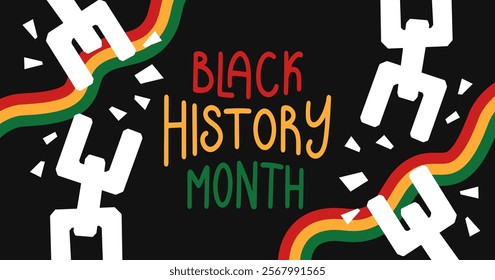 Black history month horizontal banner template. Simple background with broken shackles, chains and flag. African American History Design Vector flat illustration. Black history month lettering.