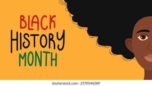 Black history month horizontal banner template. Background with women African American races. Black history month hand drawn lettering. Vector flat illustration.