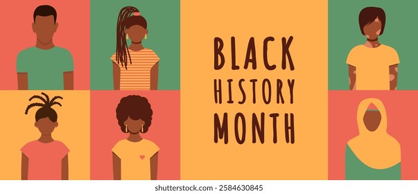 Black History Month Horizontal banner. Template with black men and women. Vector faceless illustration.