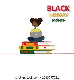 Black history month. An illustration of a black girl sitting on a stack of books. Learning about African culture. Isolated on white. 