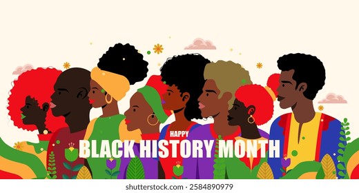Black history month illustration with Group Portrait of Young African. vector eps 10 for banner, poster, header, flyer design