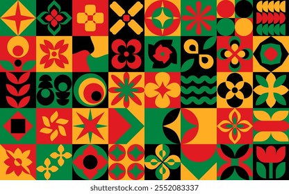 Black History Month, Juneteenth background seamless pattern with flowers and geometric shapes in red, yellow, green, black colors of African flag. June 19 banner Celebrate Freedom or Emancipation day.