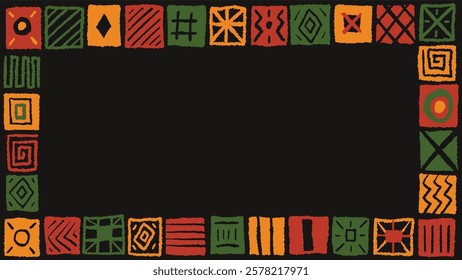 Black History Month, Juneteenth, Kwanzaa banner, greeting card, invitation, flyer empty blank template with copy space with decorative Africa inspired hand drawn abstract block pattern frame border