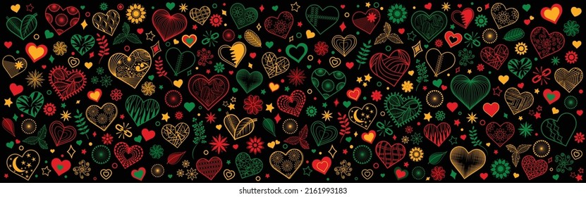 Black History Month and Juneteenth-inspired hearts, floral horizontal doodle background. Modern banner design. Vector Graphic resource with different group elements. Headers, posters, cards, websites