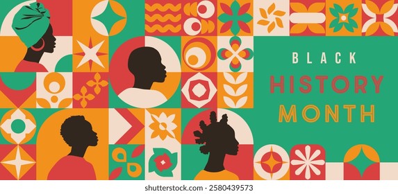 Black History Month landing web page. Silhouette face head in profile ethnic group of African American men and women. 