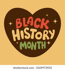 Black History Month lettering. Handwritten groovy text in colors of flag in dark heart. Vector illustration. Annual national holiday in February in USA and Canada October in UK 