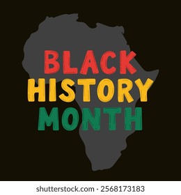 Black History Month lettering with Pan-African colors on African continent silhouette on black background. Symbolic lettering illustration in African cultural heritage concept. For social media banner