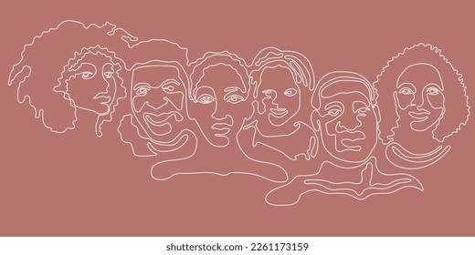 Black history month line art vector illustration. Afro people outline silhouette isolated. African American Canadian citizen community. Afro man, woman, child face continuous line drawing.