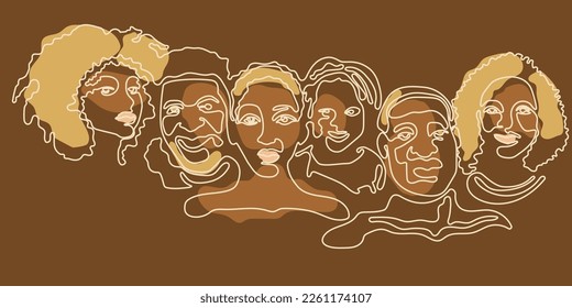 Ilustración vectorial de la línea de arte del mes de historia negra. Los afroamericanos esbozan la silueta aislada. Comunidad ciudadana afroamericana canadiense. Hombre, mujer y niño afroamericanos se enfrentan a un continuo dibujo en línea.