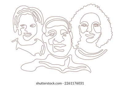 Black history month line art vector illustration. Afro people family with child outline silhouette isolated. African American Canadian citizen community. Afro man, woman face continuous line drawing.