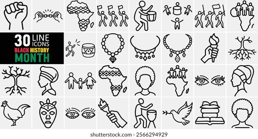  Black History Month  Line Icons Set,Symbols of Culture, Heritage, and Empowerment,Black History Month icons, African heritage symbols