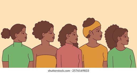 black history month. A lineup of diverse Black women standing side by side, celebrating empowerment and individuality. Ideal for representing inclusivity and community