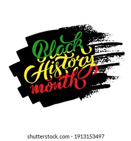 Black History Month logo. Lettering composition of letters in the color of the Pan-African flag on a Black Spot. Vector illustration.